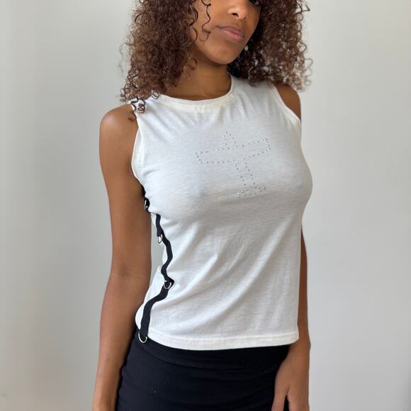 Vintage euro White Tank with Rhinestone Airplane & D-Ring Side Straps (S/M) - Picture 1 of 10